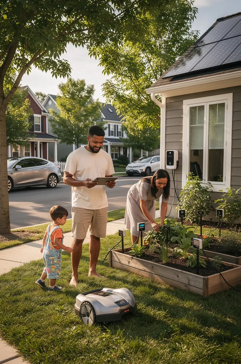 Drones delivering packages in an urban neighborhood.